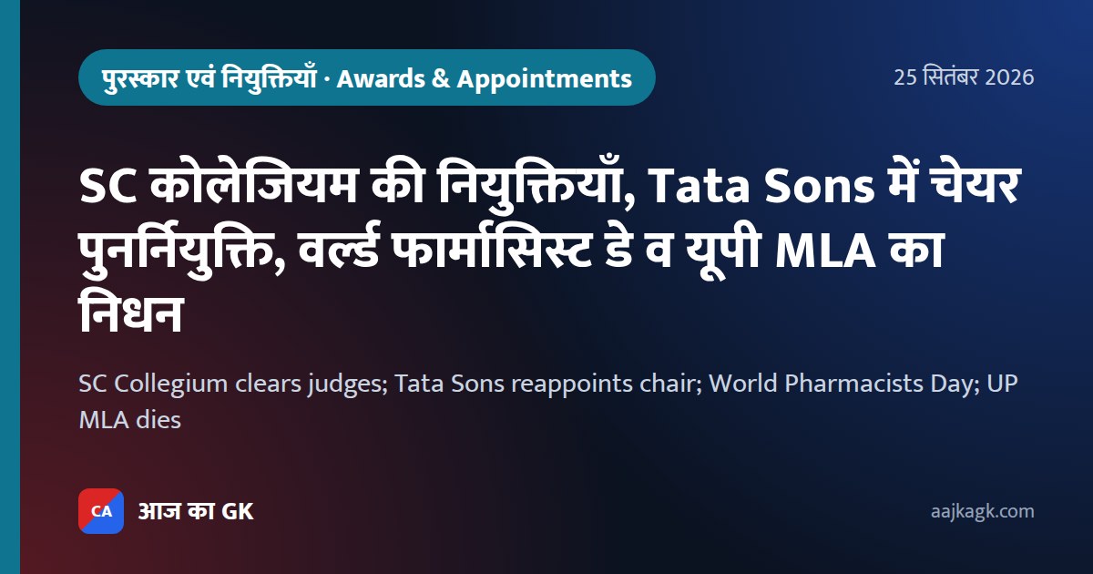 SC कोलेजियम की नियुक्तियाँ, Tata Sons में चेयर पुनर्नियुक्ति, वर्ल्ड फार्मासिस्ट डे व यूपी MLA का निधन