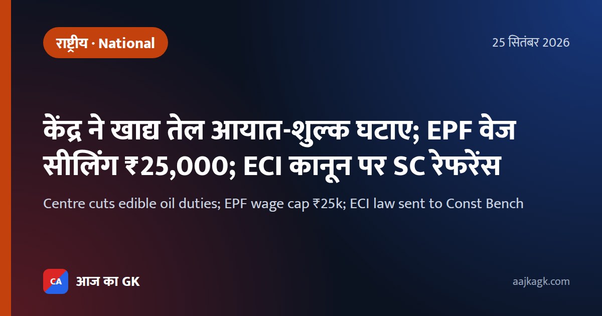केंद्र ने खाद्य तेल आयात-शुल्क घटाए; EPF वेज सीलिंग ₹25,000; ECI कानून पर SC रेफरेंस
