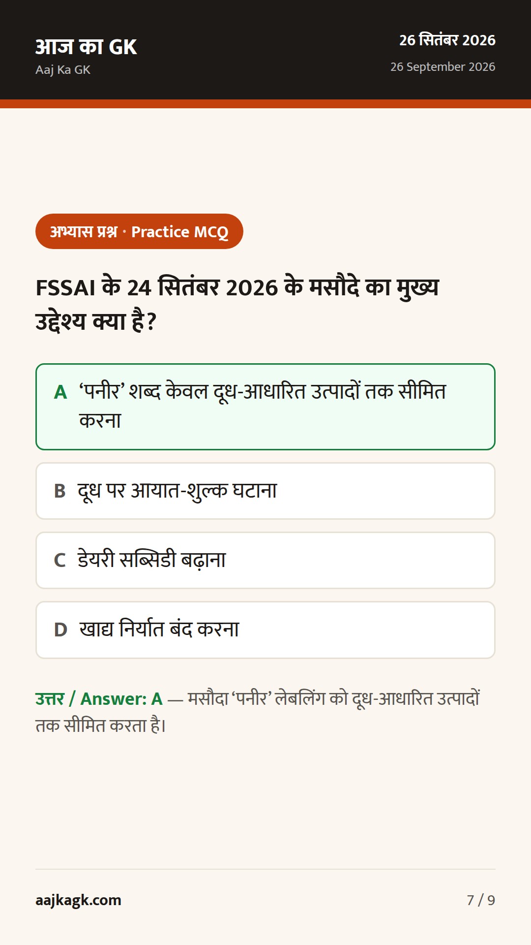 FSSAI का ‘पनीर’ मसौदा, SC का ‘दुआ’ पर फैसला, DDU-GKY 2.0 से 70,000 युवाओं का प्रशिक्षण — 7