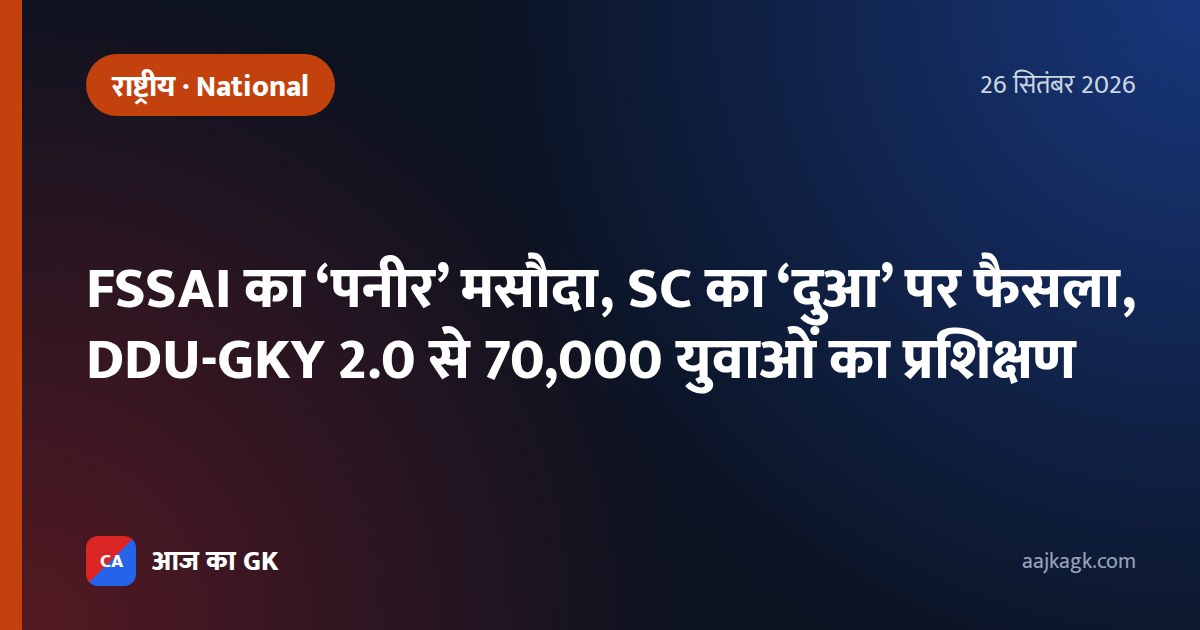 FSSAI का ‘पनीर’ मसौदा, SC का ‘दुआ’ पर फैसला, DDU-GKY 2.0 से 70,000 युवाओं का प्रशिक्षण