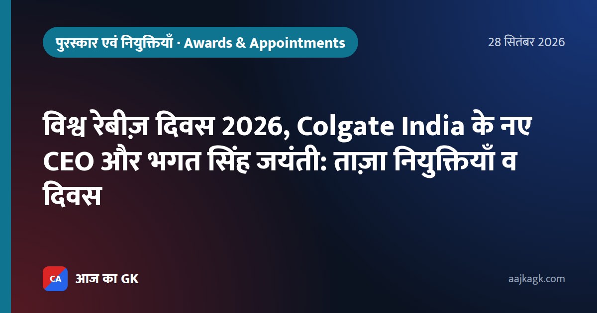 विश्व रेबीज़ दिवस 2026, Colgate India के नए CEO और भगत सिंह जयंती: ताज़ा नियुक्तियाँ व दिवस
