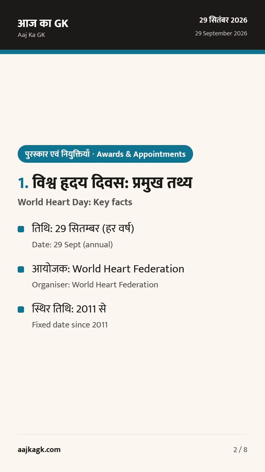 29–30 सितम्बर: विश्व हृदय दिवस 2026 मनाया गया; परीक्षाओं हेतु प्रमुख तथ्य — 2