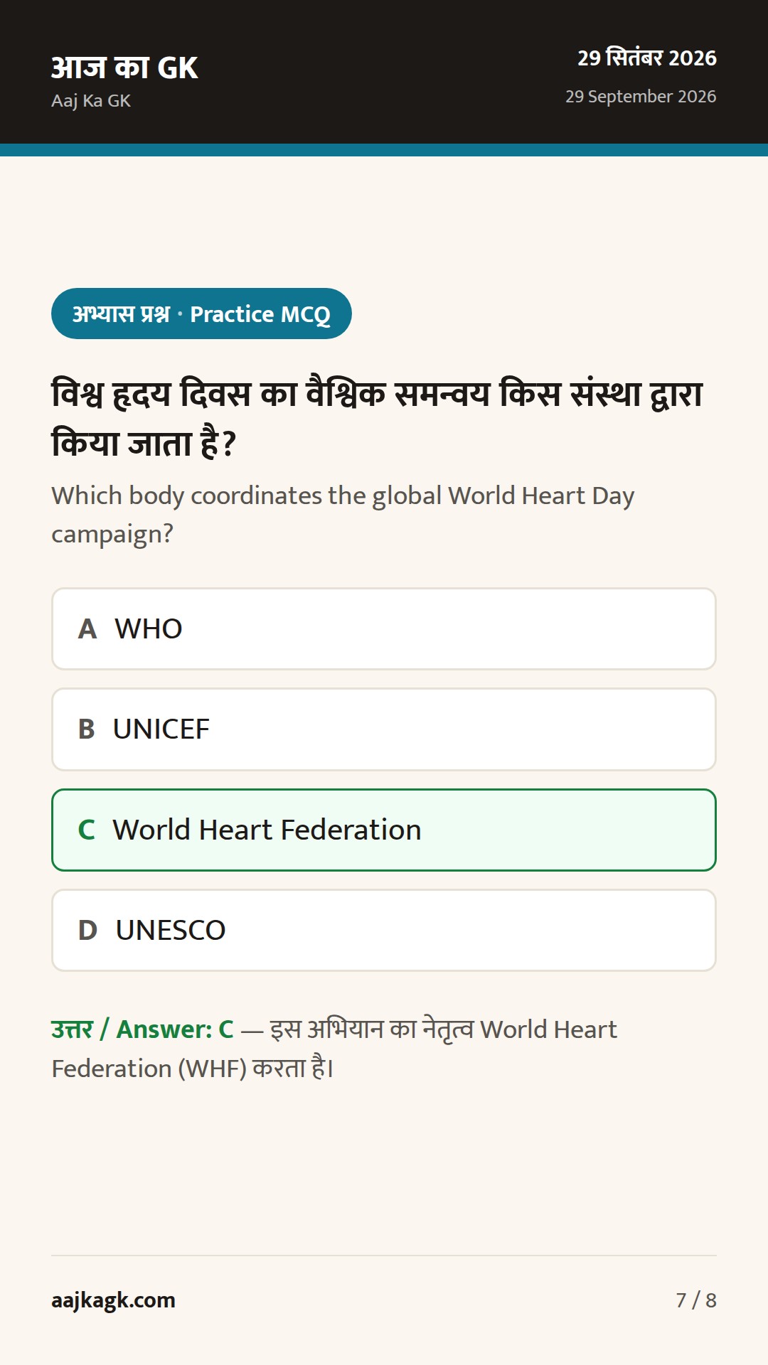 29–30 सितम्बर: विश्व हृदय दिवस 2026 मनाया गया; परीक्षाओं हेतु प्रमुख तथ्य — 7