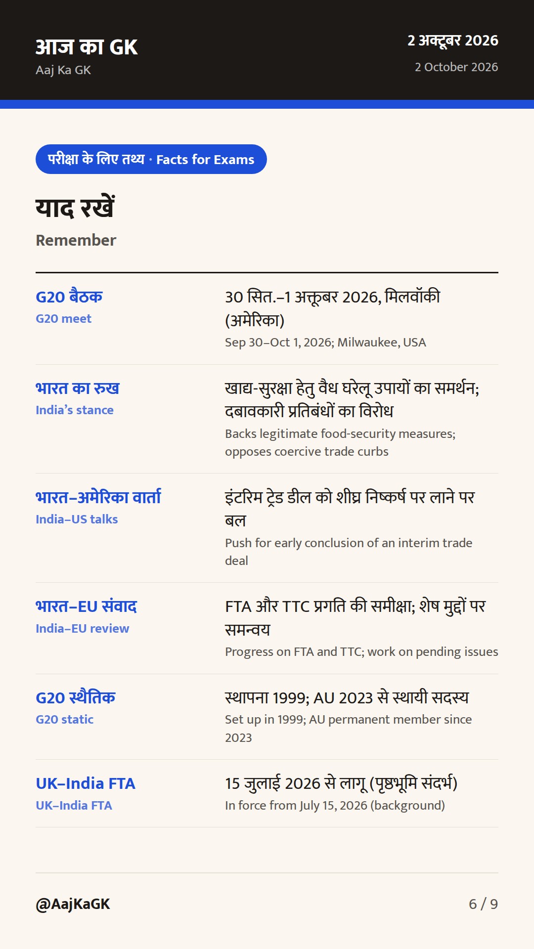 G20 व्यापार मंत्रियों की सहमति, भारत–अमेरिका ‘इंटरिम डील’ वार्ता और EU FTA प्रगति — 6