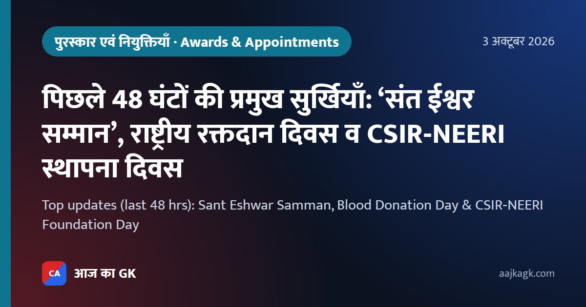 पिछले 48 घंटों की प्रमुख सुर्खियाँ: ‘संत ईश्वर सम्मान’, राष्ट्रीय रक्तदान दिवस व CSIR‑NEERI स्थापना दिवस