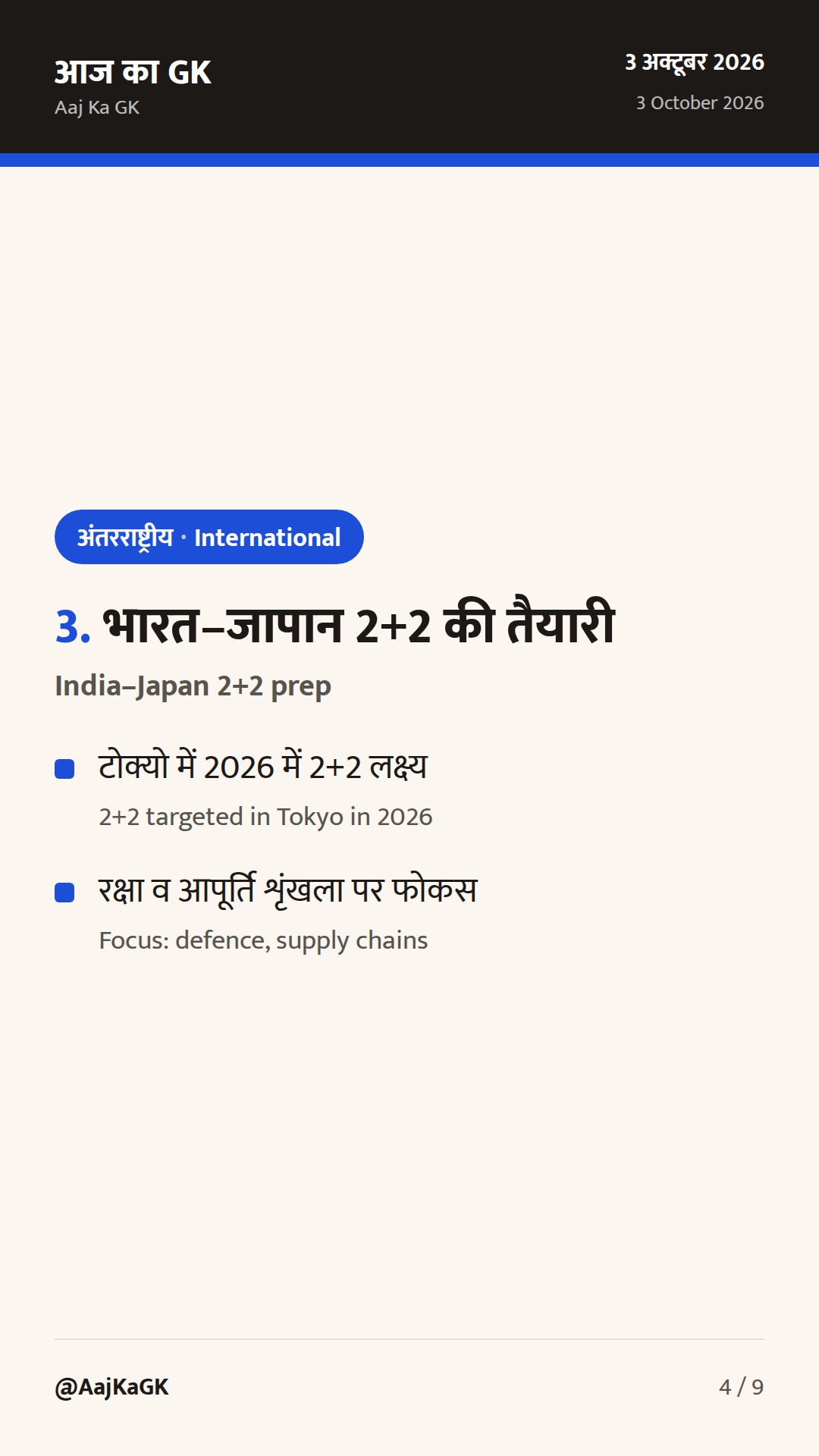 अक्टूबर 3 अपडेट: भारत–फिजी JWG, BRICS कूटनीति पर वार्ता, भारत–जापान 2+2 की तैयारी — 4