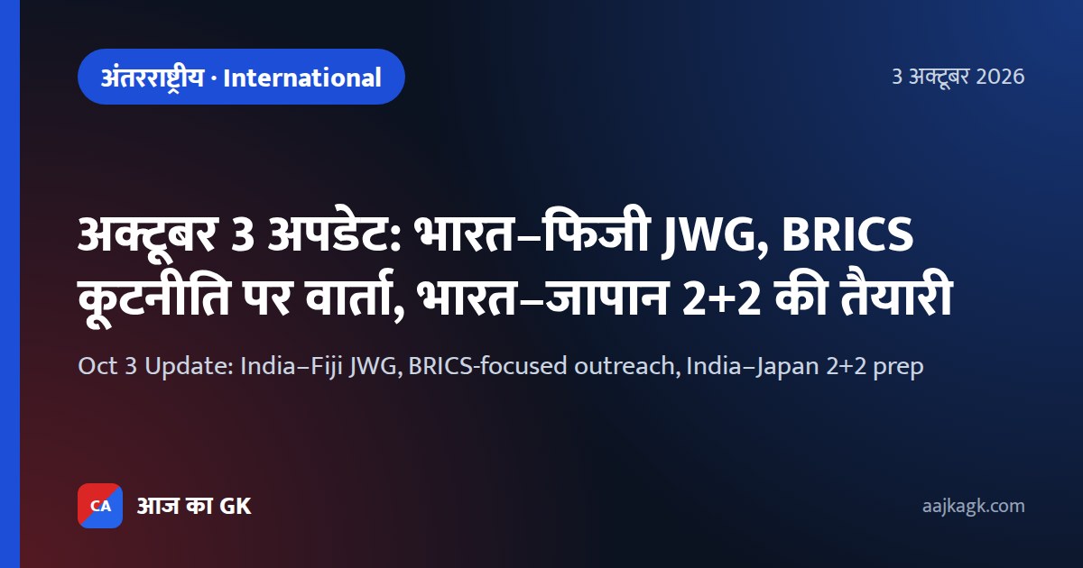 अक्टूबर 3 अपडेट: भारत–फिजी JWG, BRICS कूटनीति पर वार्ता, भारत–जापान 2+2 की तैयारी