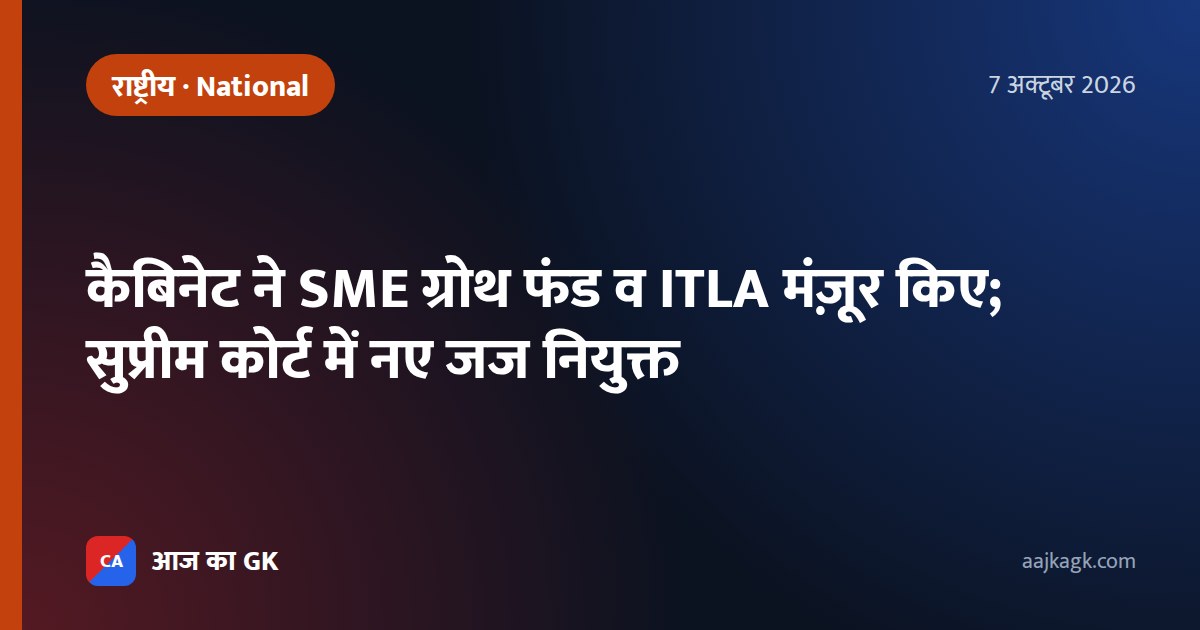 कैबिनेट ने SME ग्रोथ फंड व ITLA मंज़ूर किए; सुप्रीम कोर्ट में नए जज नियुक्त