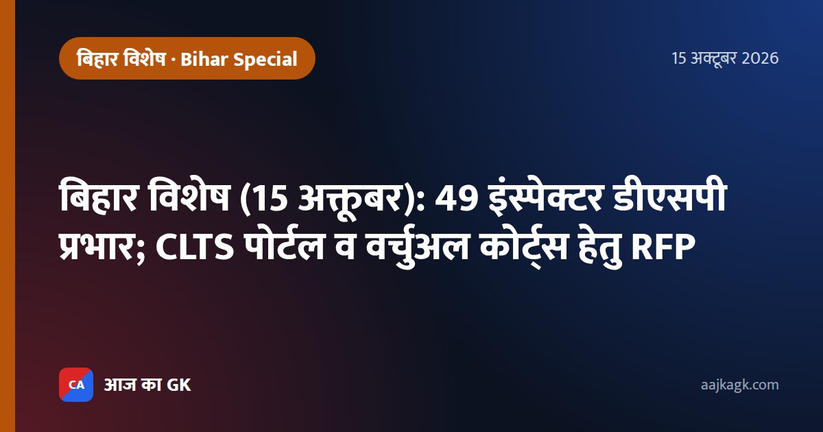 बिहार विशेष (15 अक्तूबर): 49 इंस्पेक्टर डीएसपी प्रभार; CLTS पोर्टल व वर्चुअल कोर्ट्स हेतु RFP