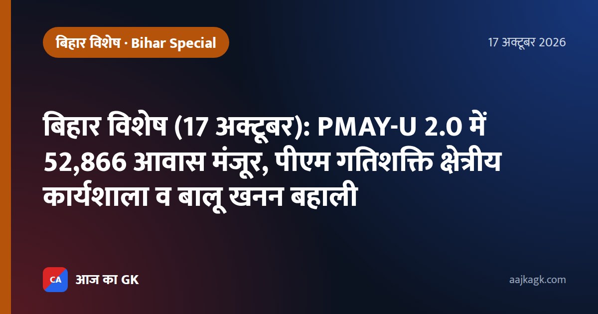 बिहार विशेष (17 अक्टूबर): PMAY-U 2.0 में 52,866 आवास मंजूर, पीएम गतिशक्ति क्षेत्रीय कार्यशाला व बालू खनन बहाली