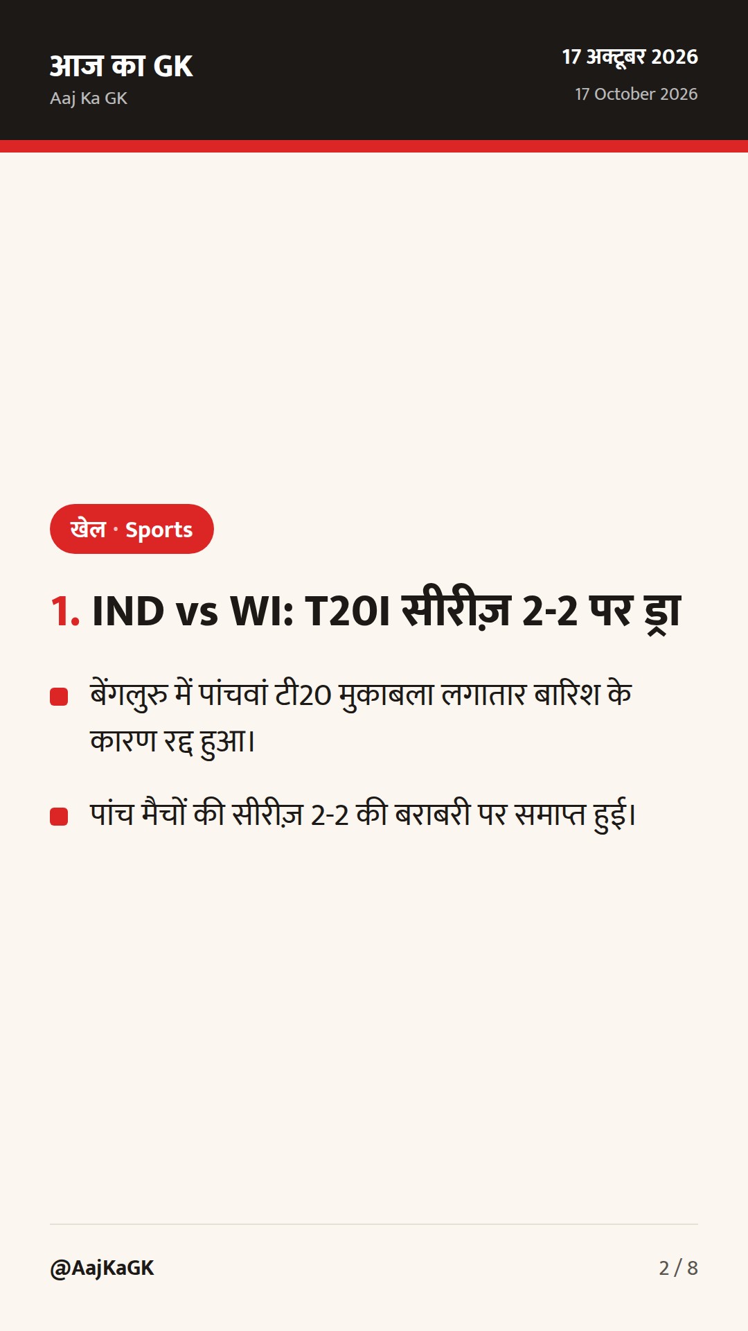 खेल करेंट अफेयर्स: भारत-वेस्टइंडीज T20I सीरीज़ 2-2 पर समाप्त, एशियन पैरा गेम्स व डीपी वर्ल्ड गोल्फ़ — 2