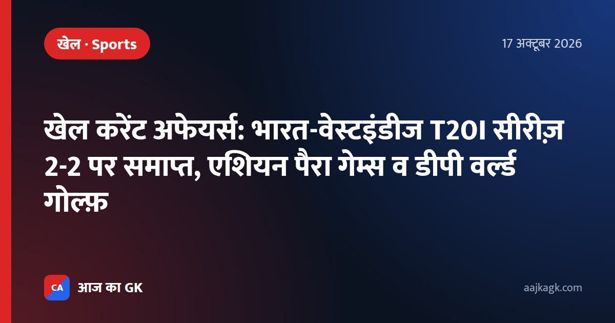 खेल करेंट अफेयर्स: भारत-वेस्टइंडीज T20I सीरीज़ 2-2 पर समाप्त, एशियन पैरा गेम्स व डीपी वर्ल्ड गोल्फ़