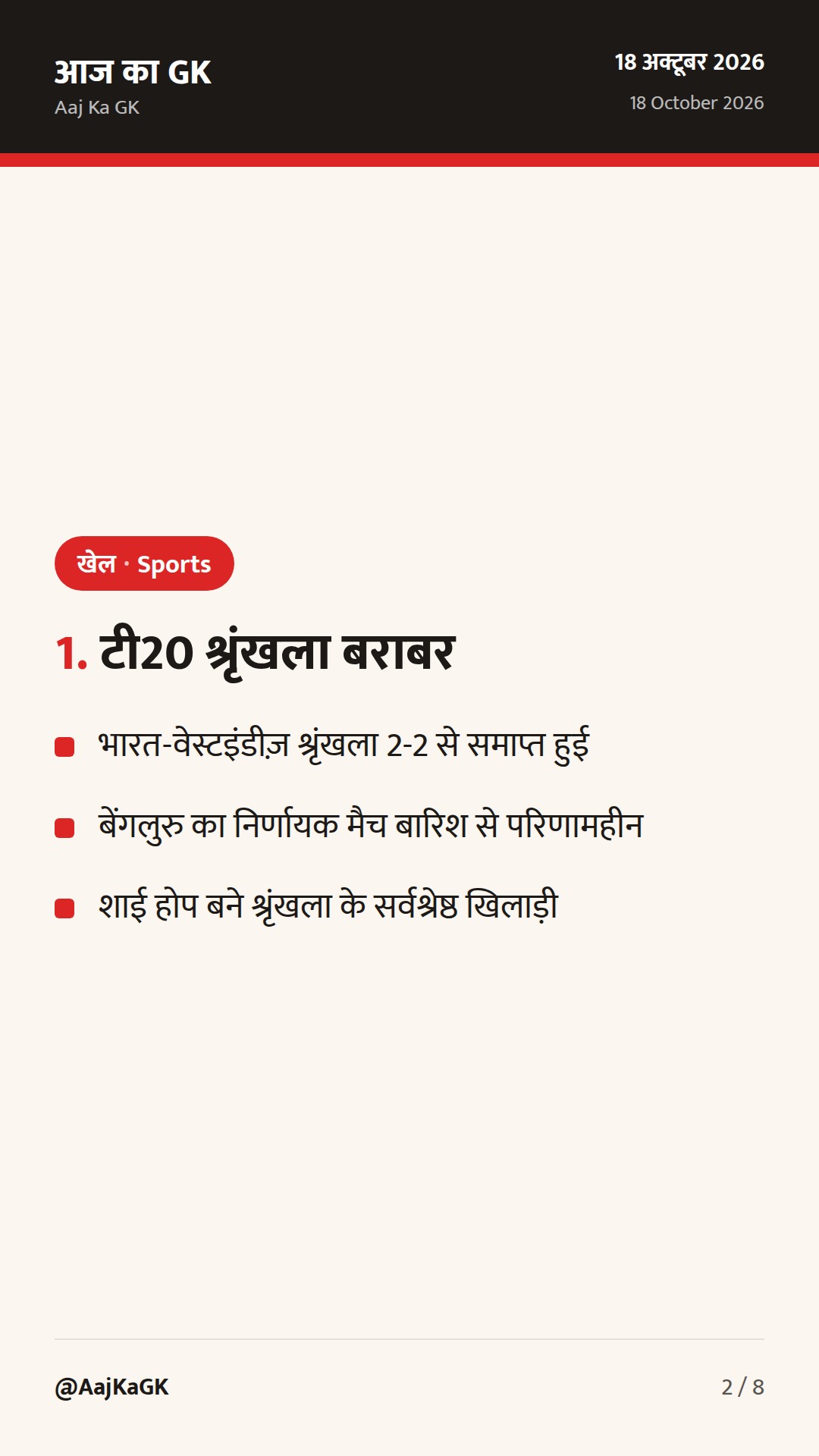 खेल करेंट अफेयर्स: भारत-वेस्टइंडीज़ श्रृंखला बराबर, गोल्फ़ में चकारा चैंपियन — 2