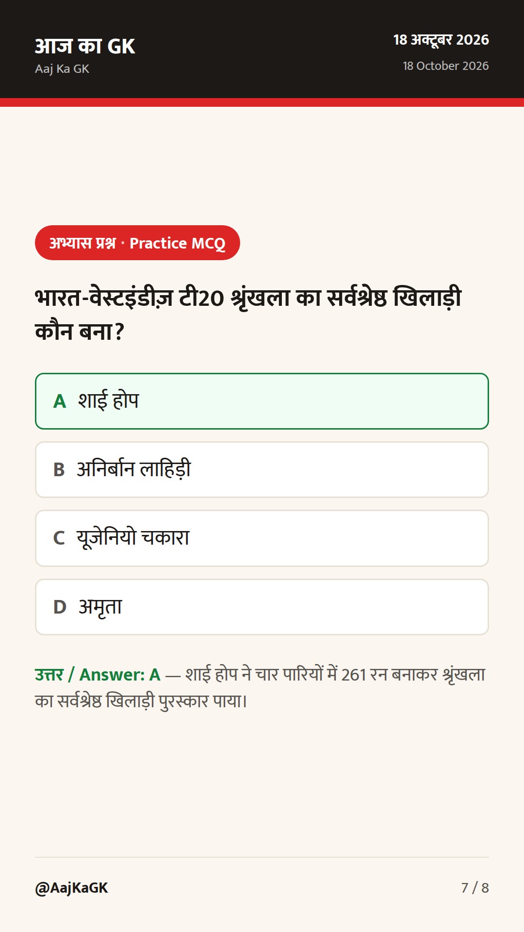 खेल करेंट अफेयर्स: भारत-वेस्टइंडीज़ श्रृंखला बराबर, गोल्फ़ में चकारा चैंपियन — 7