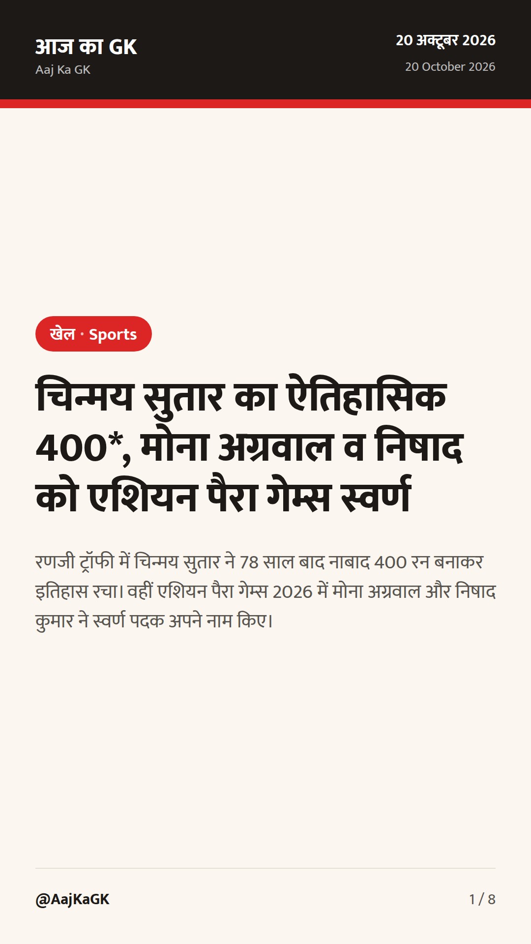 चिन्मय सुतार का ऐतिहासिक 400*, मोना अग्रवाल व निषाद को एशियन पैरा गेम्स स्वर्ण — 1