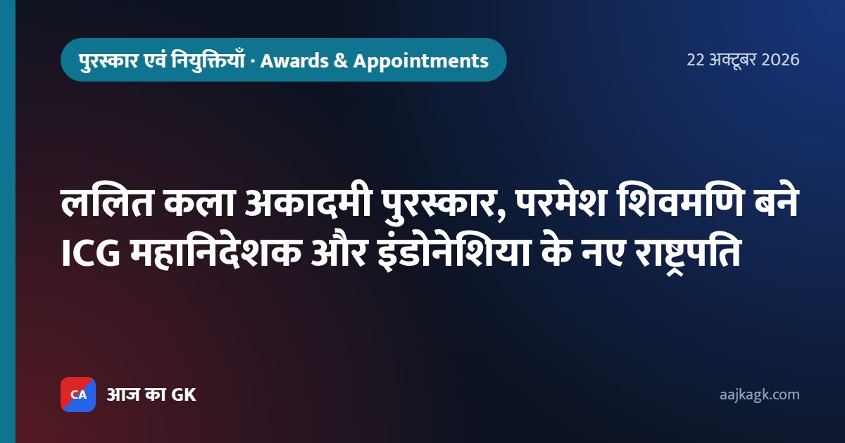 ललित कला अकादमी पुरस्कार, परमेश शिवमणि बने ICG महानिदेशक और इंडोनेशिया के नए राष्ट्रपति