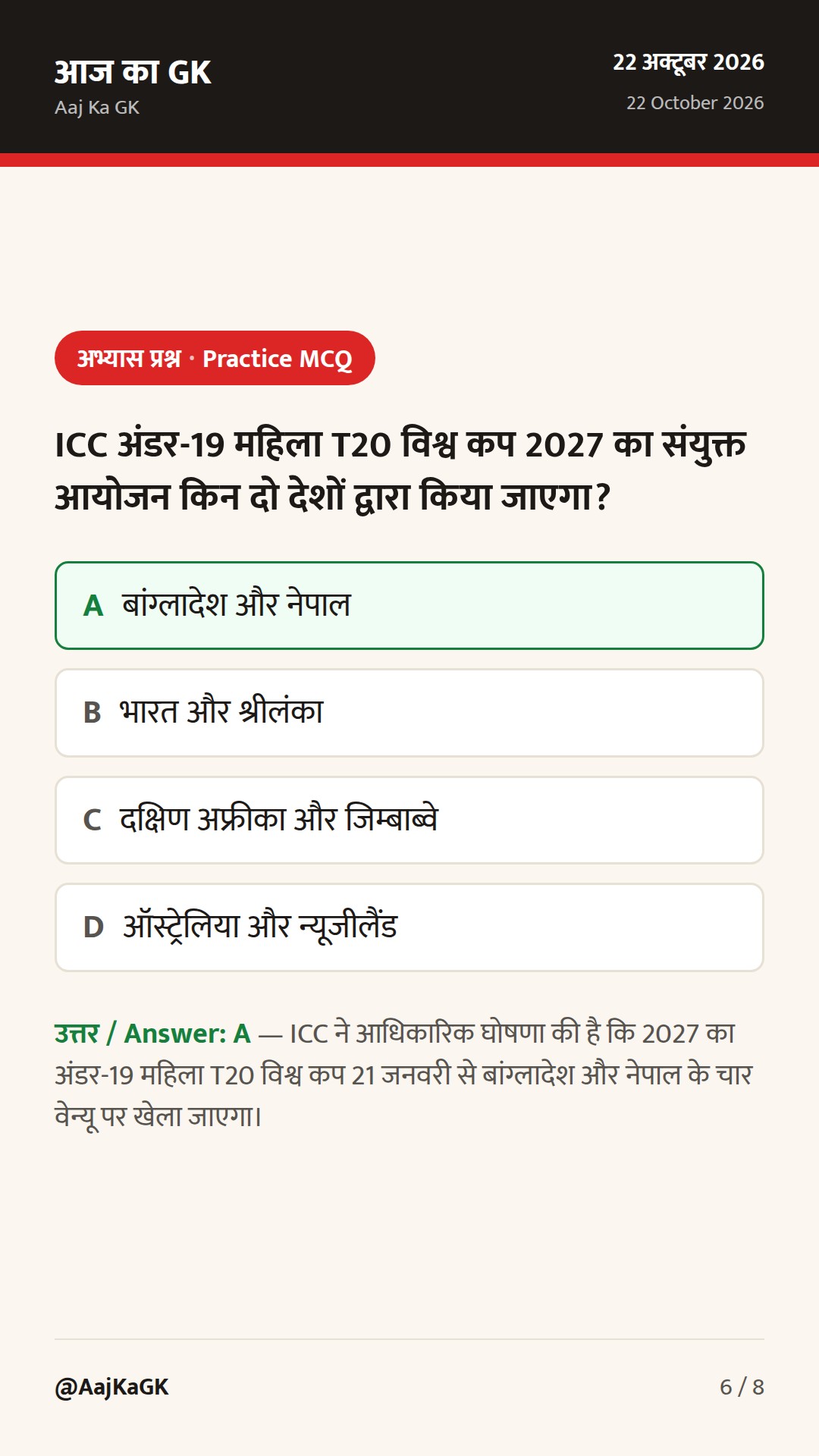 ICC महिला U19 T20 विश्व कप 2027 कार्यक्रम घोषित; आयुष वर्मा को एशियन पैरा गेम्स में स्वर्ण — 6