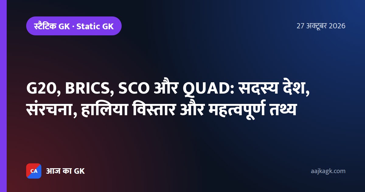 G20, BRICS, SCO और QUAD: सदस्य देश, संरचना, हालिया विस्तार और महत्वपूर्ण तथ्य